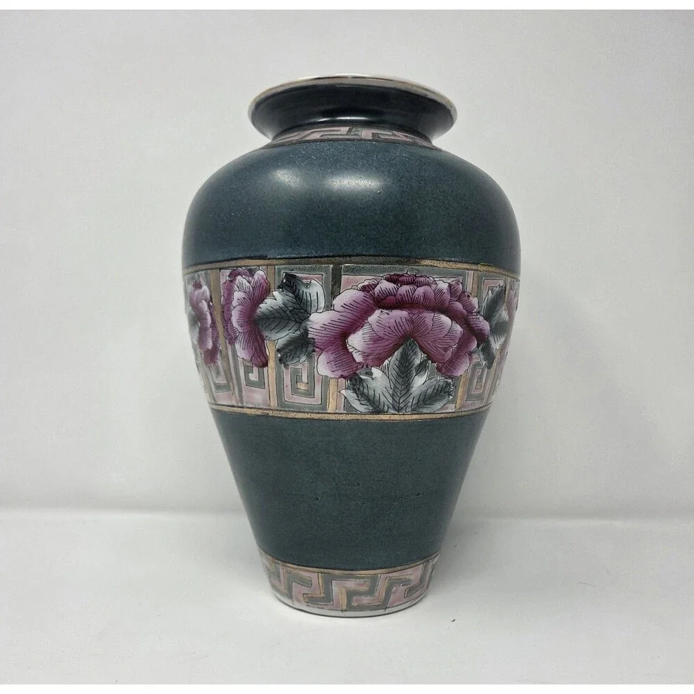 Vintage Japanese Style Porcelain‎ Vase Green Cloisonne Look Pink Floral 10